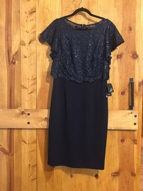 Adrianna Papell Midnight Navy Crepe and Sequin Dress NWT